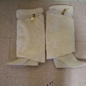 Cream Furry Wedge Boots